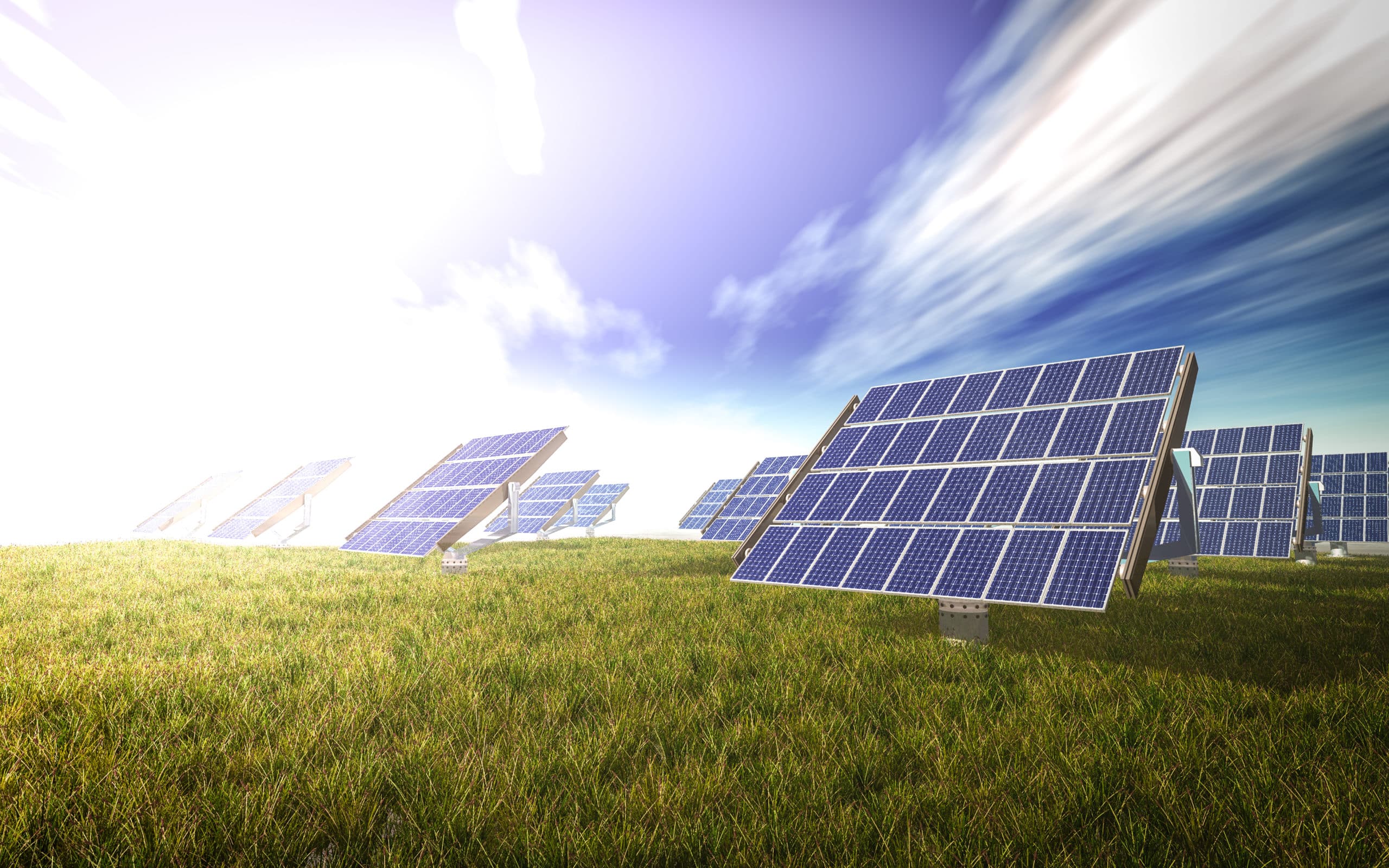 solar cells system on the green world 3d rendering